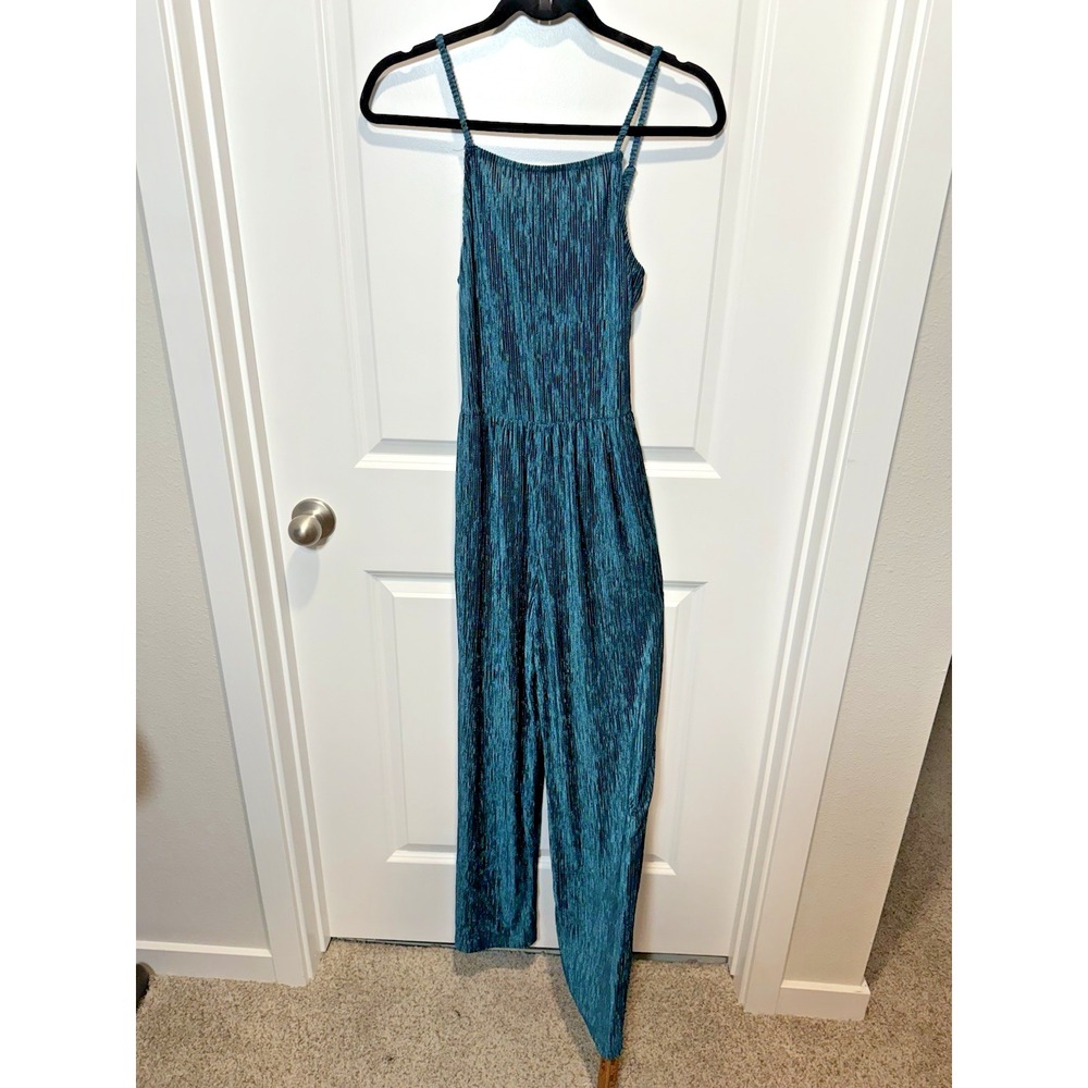 Live To Be Spoiled Teal Blue Metallic Plisse Wide Leg Jumpsuit Womens Small S